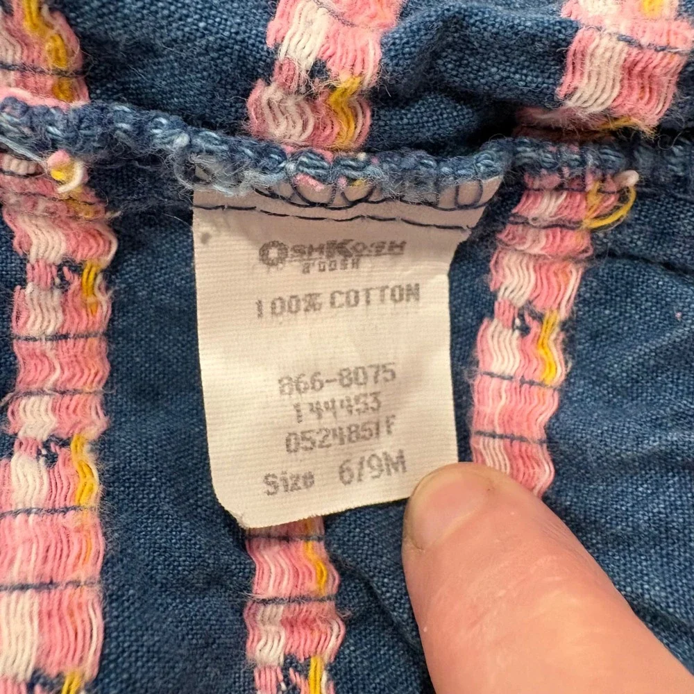 OshKosh B'Gosh 6-9M Pink Duck Print Denim Overalls Quilted Bib Baby VTG